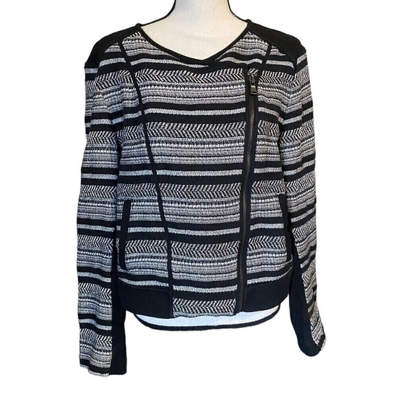 LOU & Grey Womens Large Pattern Play Moto Jacket Zip Front Black White C… - Picture 1 of 8